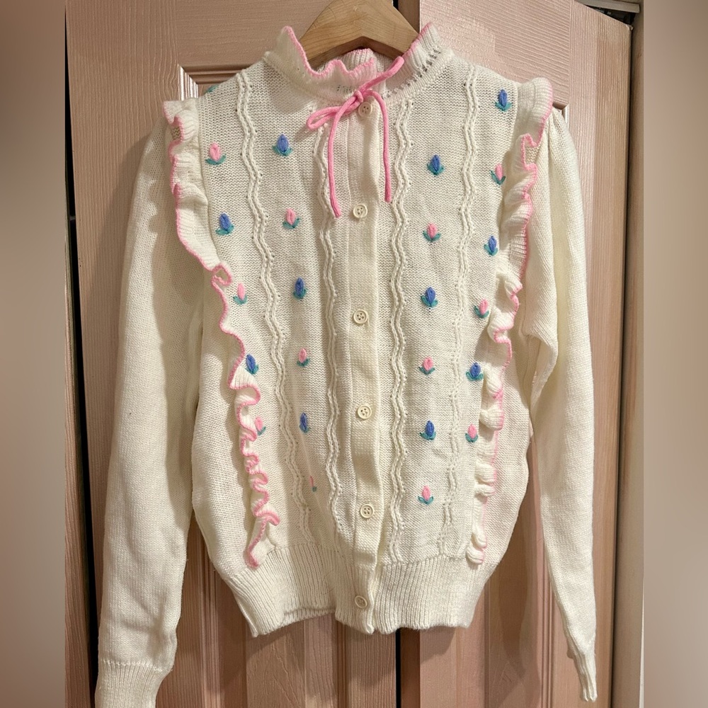 Charming White/Ivory and Pink Ruffle Sweater